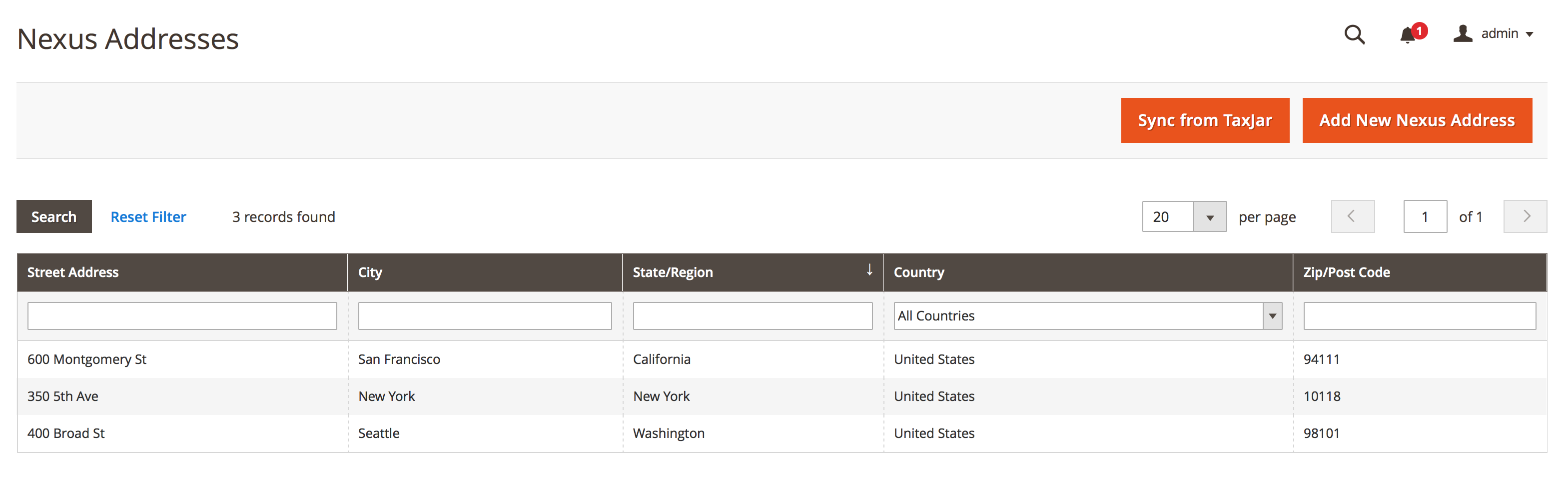 Magento Nexus Addresses