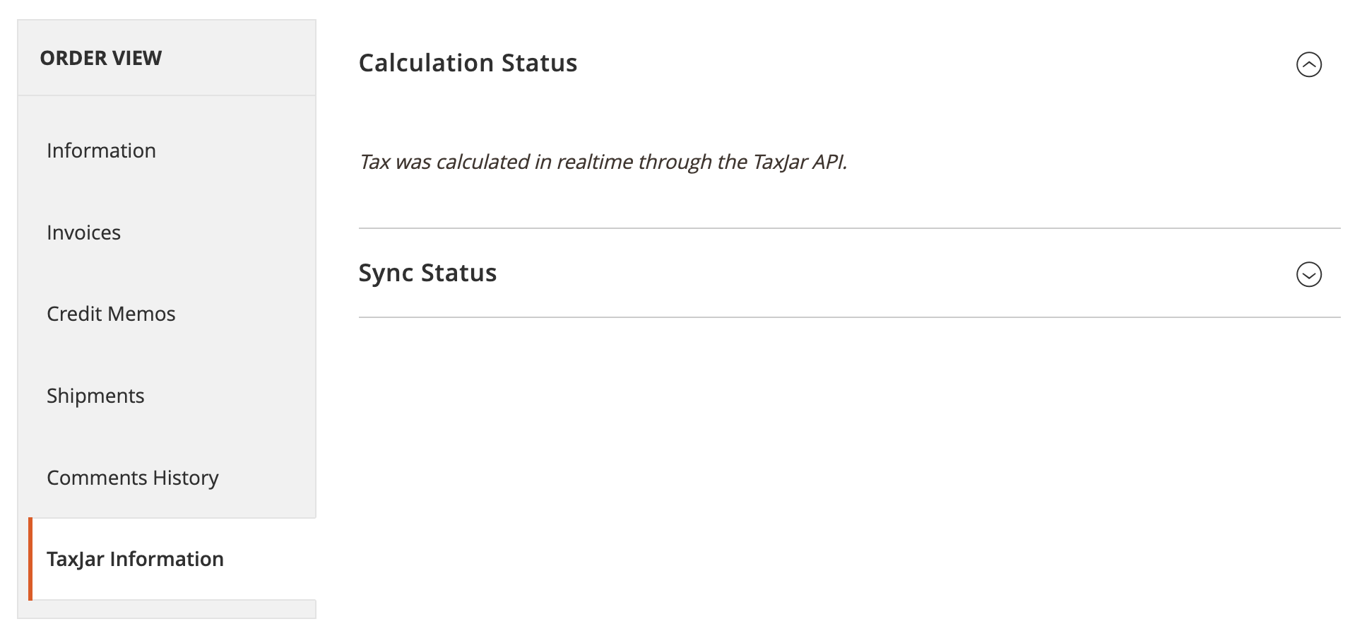 Magento Order TaxJar Information Tax Calculation Status view