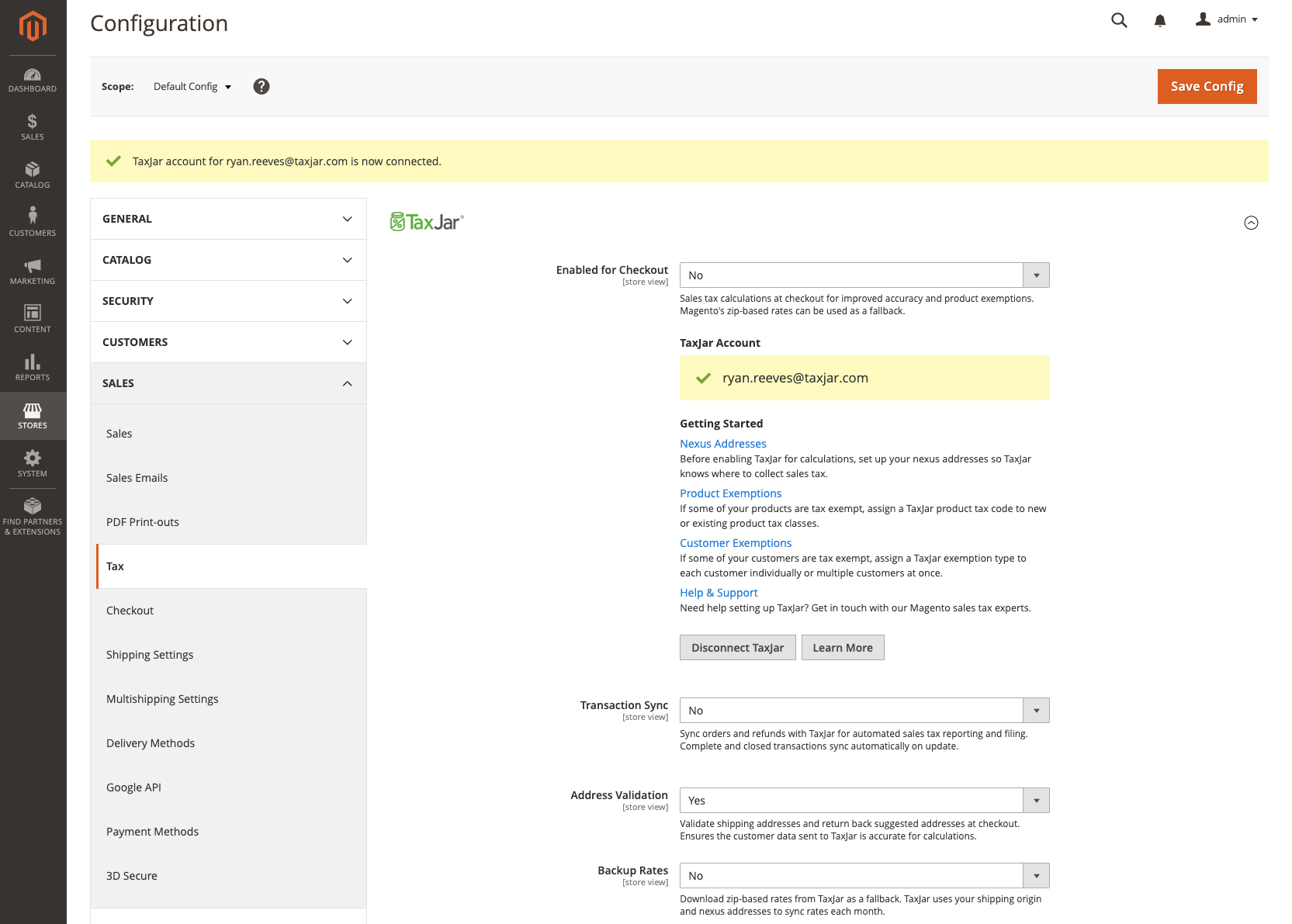 TaxJar Configuration After Connection