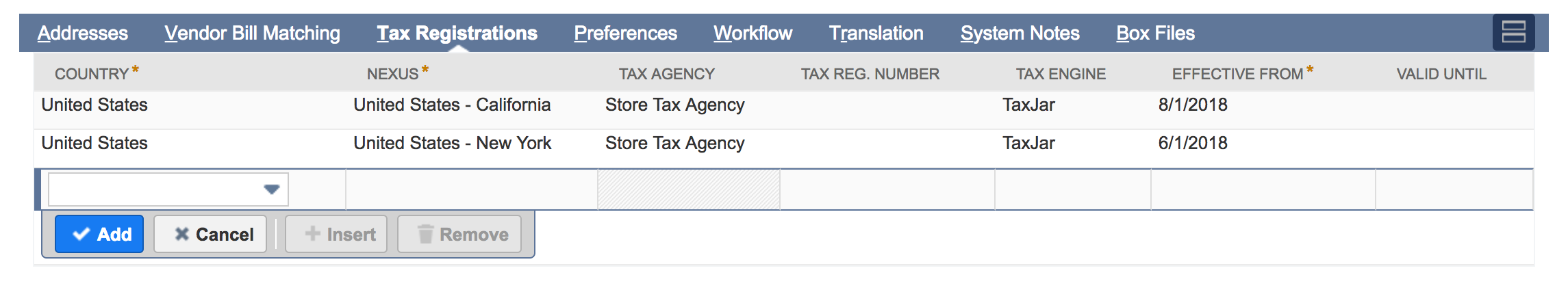 SuiteTax Tax Registrations